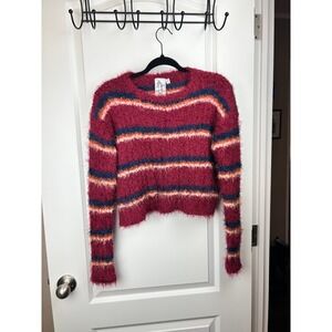 Sadie & Sage Striped Eyelash Knit Cropped Sweater Burgundy Navy Orange Medium